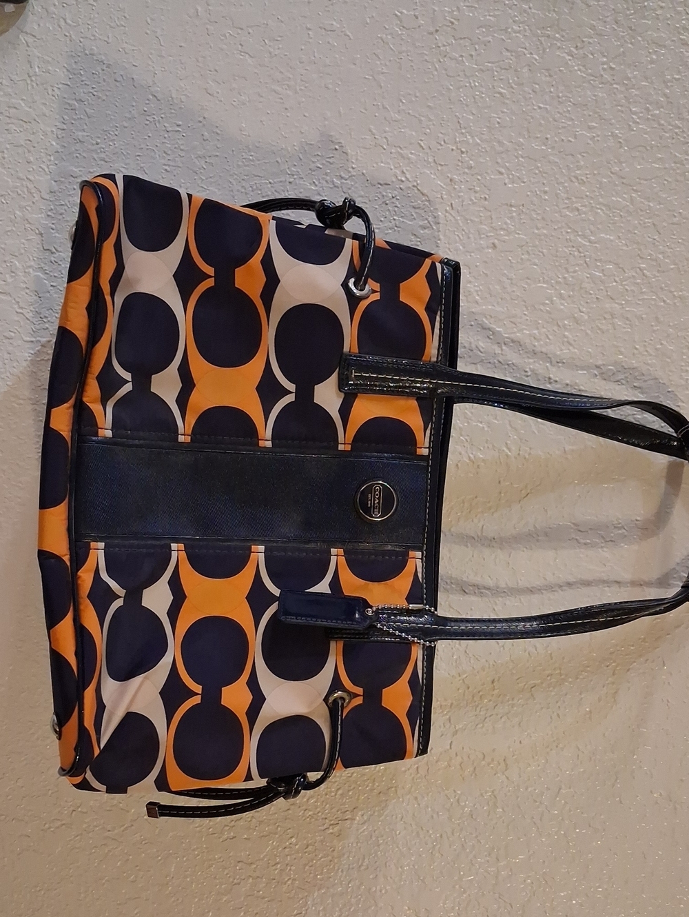 Coach Orange, Navy and Cream Geometric Tote